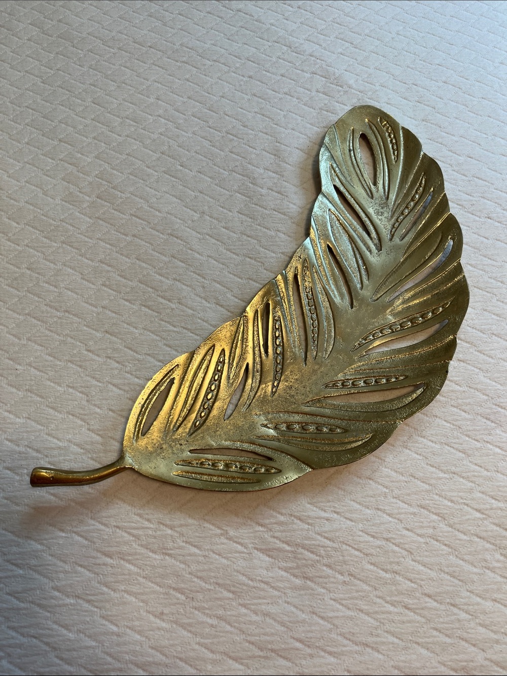 Brass Tone Feather Table Decor - Gold Leaf shape Accent entry table, centerpiece